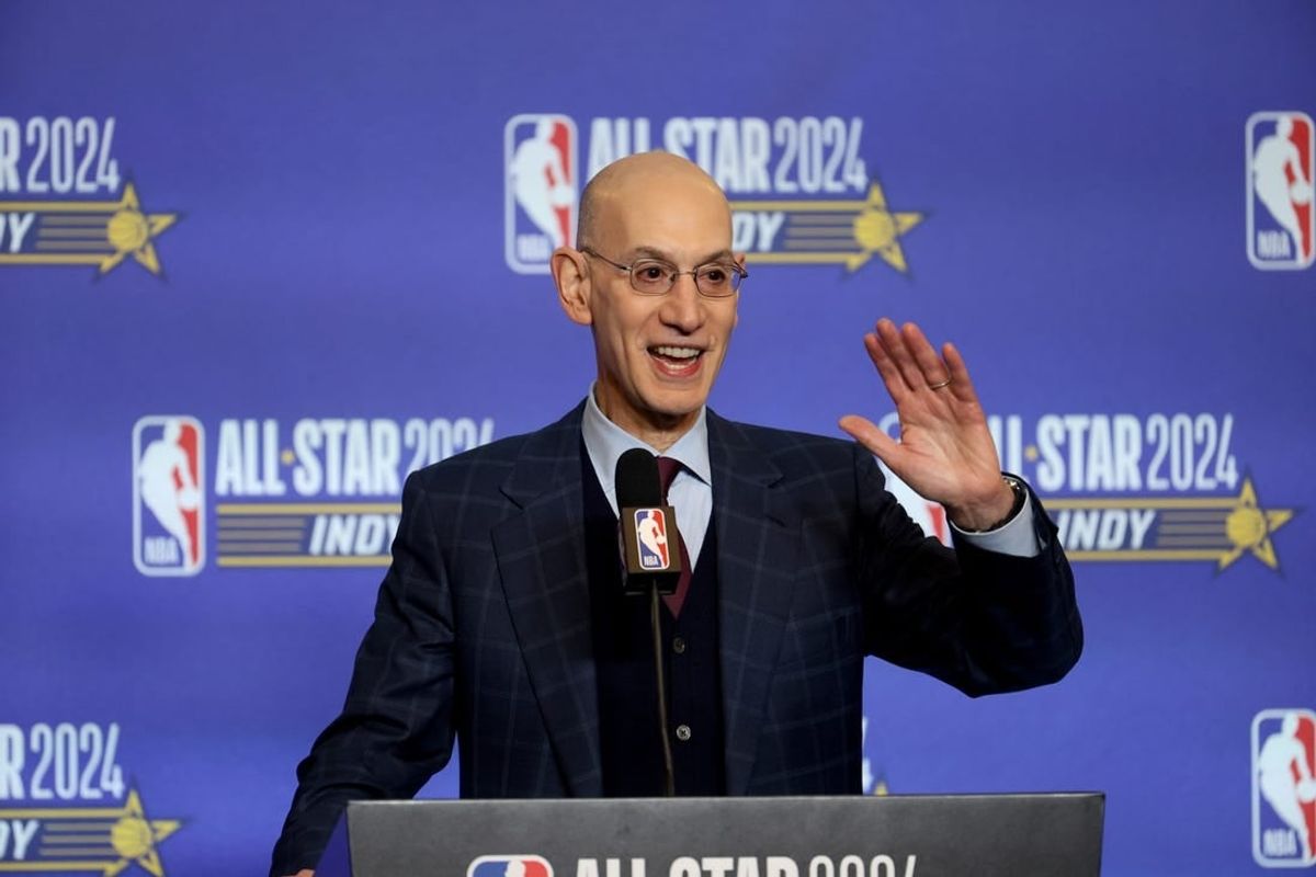 Feb 17, 2024; Indianapolis, IN, USA; NBA Commissioner Adam Silver talks to media during a press conference before NBA All Star Saturday Night at Lucas Oil Stadium.