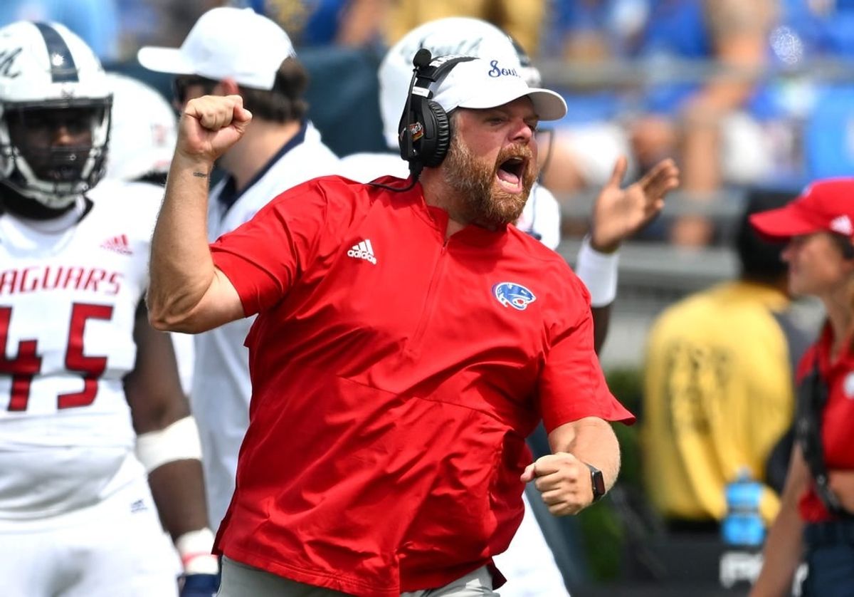 South Alabama Jaguars head coach Kane Wommack celebrates after a score against the UCLA Bruins in the second half at the Rose Bowl.