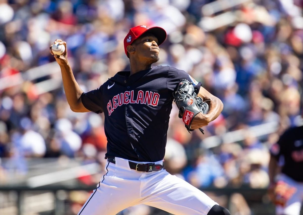 Mar 11, 2024; Goodyear, Arizona, USA; Cleveland Guardians pitcher Triston McKenzie against the Los Angeles Dodgers during a spring training game at Goodyear Ballpark.