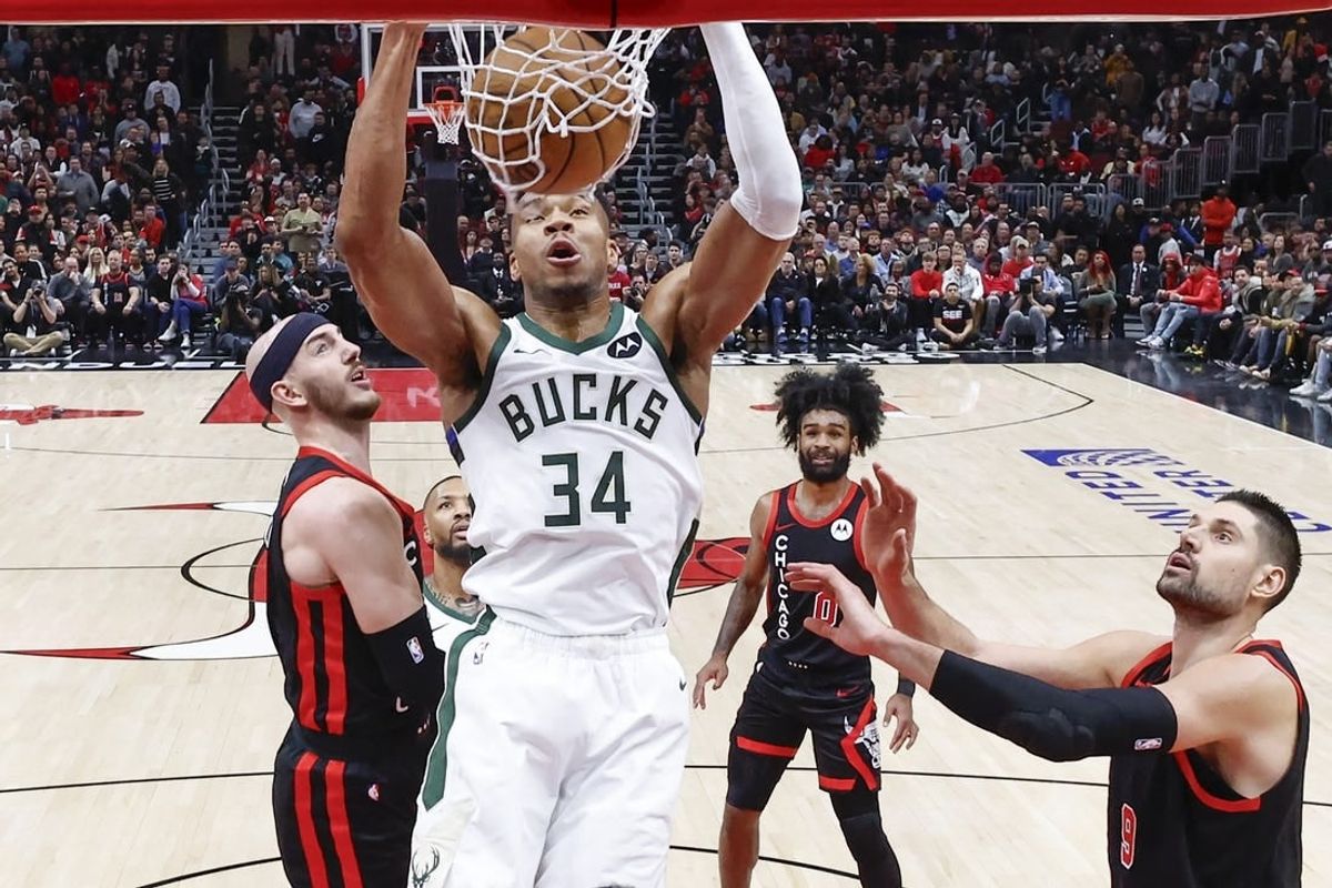 Nov 30, 2023; Chicago, Illinois, USA; Milwaukee Bucks forward Giannis Antetokounmpo (34) dunks the ball against the Chicago Bulls during the second half at United Center.