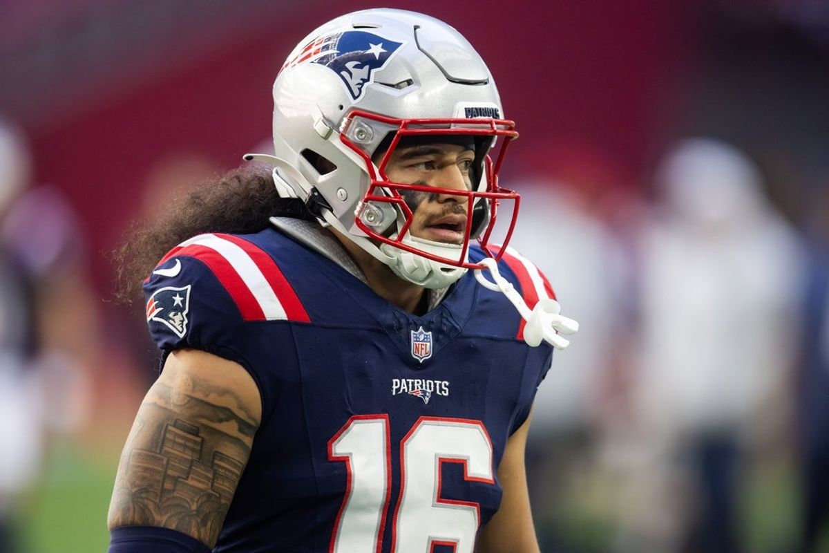 Dec 15, 2024; Glendale, Arizona, USA; New England Patriots linebacker Sione Takitaki (16) against the Arizona Cardinals at State Farm Stadium. Mandatory Credit: Mark J. Rebilas-Imagn Images