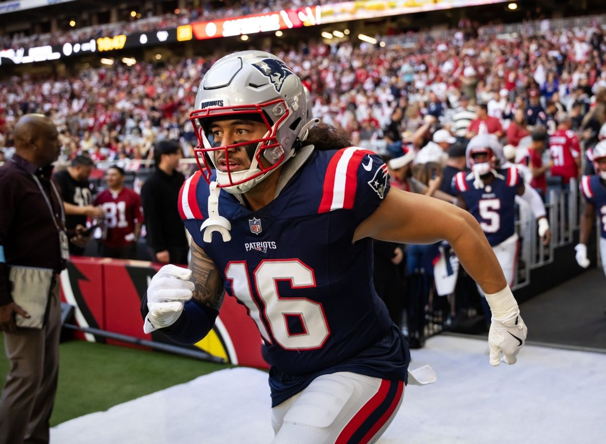 Dec 15, 2024; Glendale, Arizona, USA; New England Patriots linebacker Sione Takitaki (16) against the Arizona Cardinals at State Farm Stadium. Mandatory Credit: Mark J. Rebilas-Imagn Images