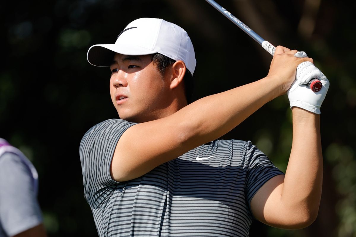 Dec 13, 2024; Naples, Florida, USA;  Tom Kim plays his shot from the fifth tee during the first round of the Grant Thornton Invitational at Tiburón Golf Club. Mandatory Credit: Reinhold Matay-Imagn Images