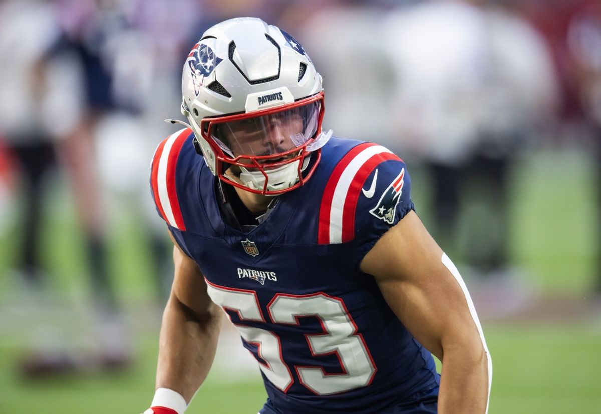 Dec 15, 2024; Glendale, Arizona, USA; New England Patriots linebacker Christian Elliss (53) against the Arizona Cardinals at State Farm Stadium. Mandatory Credit: Mark J. Rebilas-Imagn Images