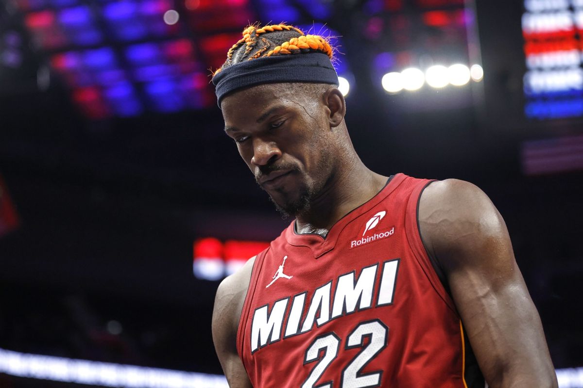 Dec 16, 2024; Detroit, Michigan, USA;  Miami Heat forward Jimmy Butler (22) walks off the court after the game against the Detroit Pistons at Little Caesars Arena. Mandatory Credit: Rick Osentoski-Imagn Images