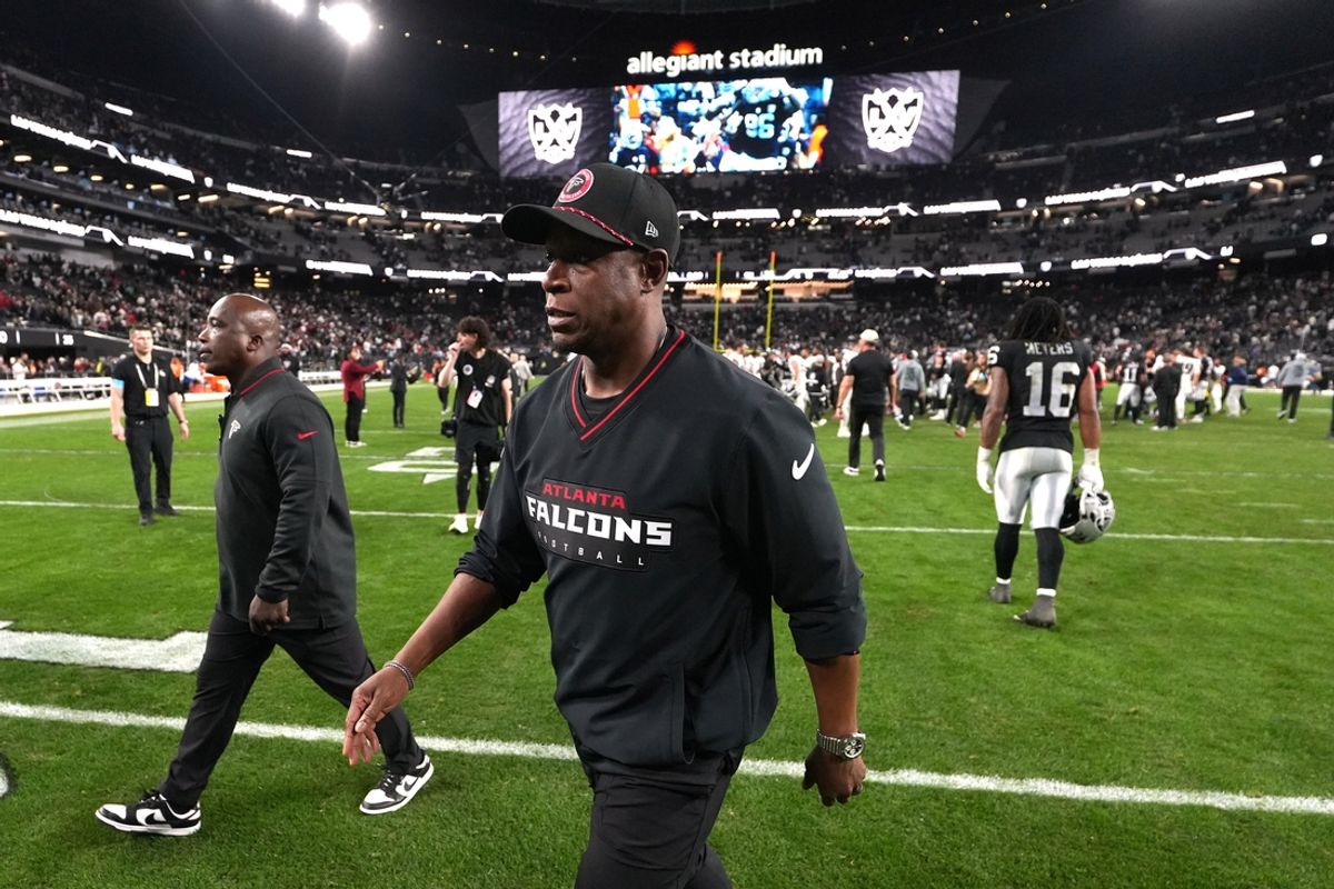 Dec 16, 2024; Paradise, Nevada, USA; Atlanta Falcons coach Raheem Morris leaves the field after the game against the Las Vegas Raiders at Allegiant Stadium. Mandatory Credit: Kirby Lee-Imagn Images