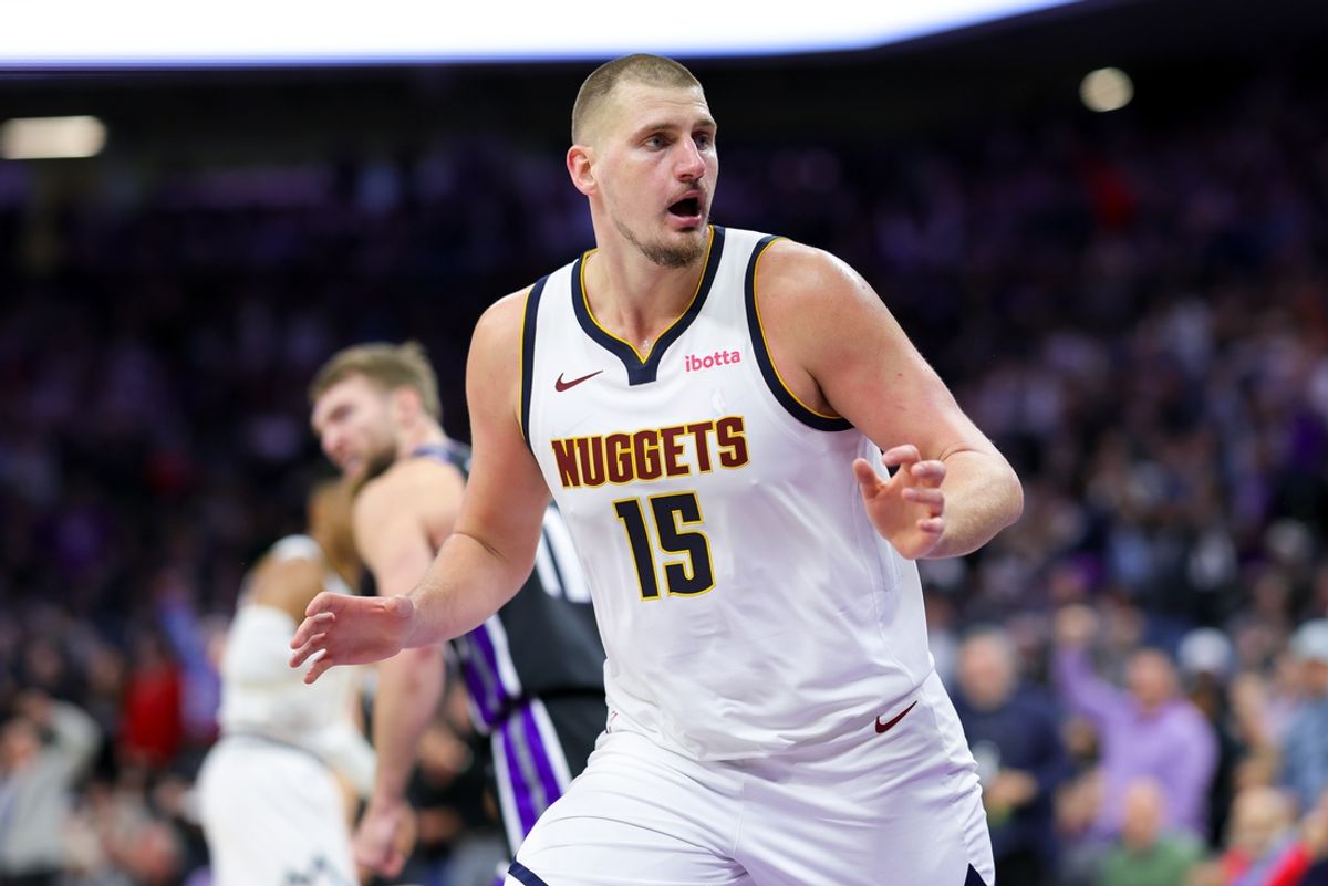 Dec 16, 2024; Sacramento, California, USA; Denver Nuggets center Nikola Jokic (15) looks on against the Sacramento Kings during the third quarter at Golden 1 Center. Mandatory Credit: Sergio Estrada-Imagn Images