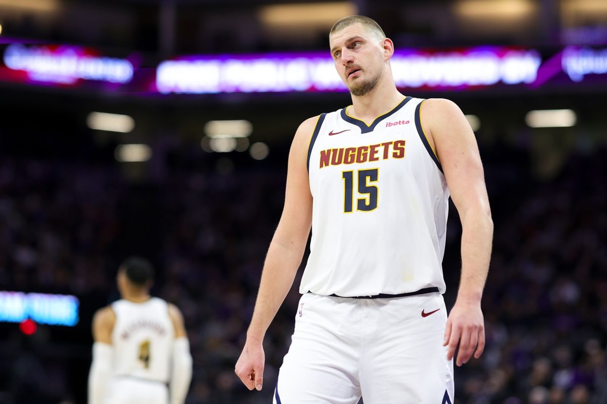 Dec 16, 2024; Sacramento, California, USA; Denver Nuggets center Nikola Jokic (15) looks on during the fourth quarter against the Sacramento Kings at Golden 1 Center. Mandatory Credit: Sergio Estrada-Imagn Images