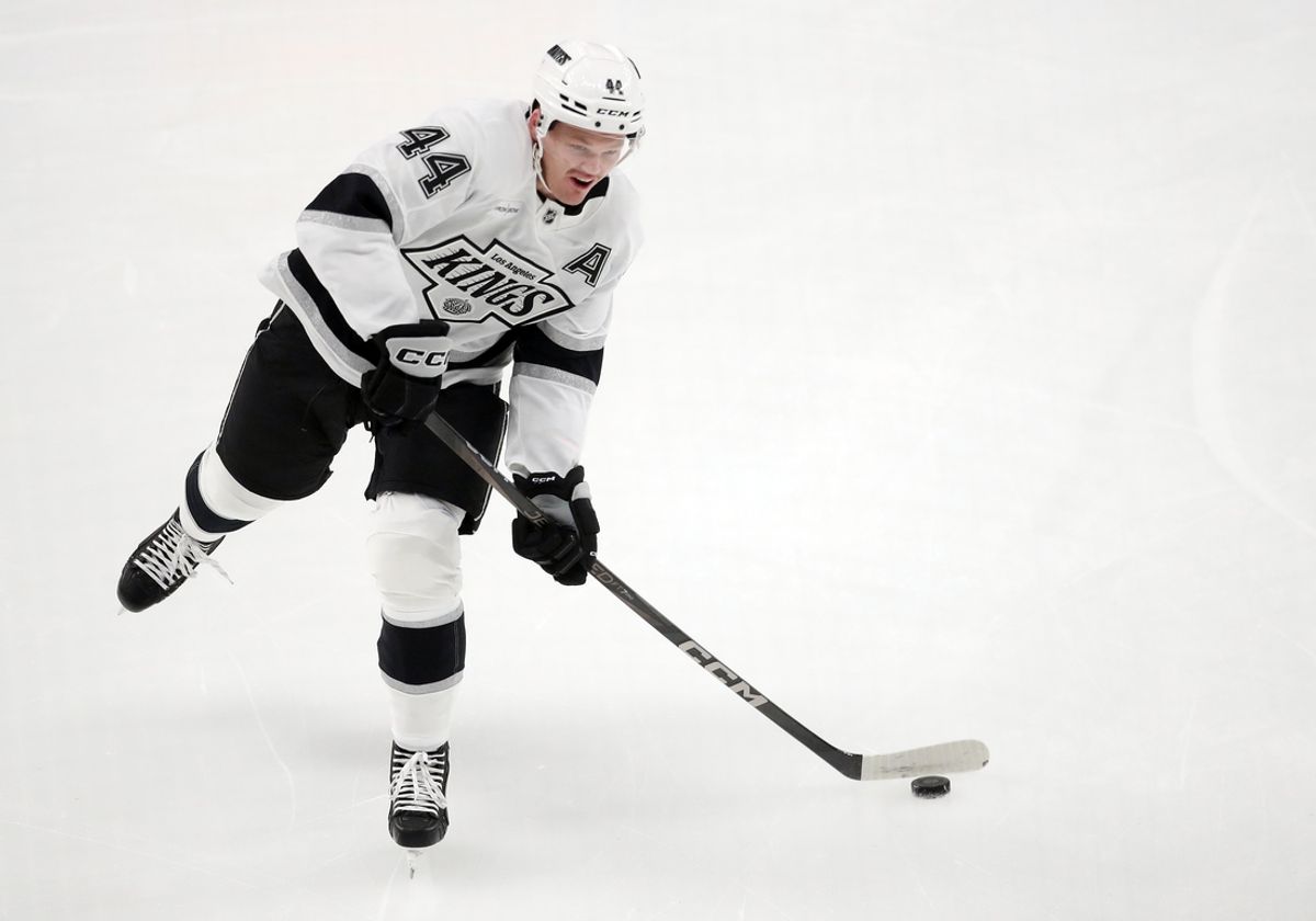 Dec 17, 2024; Pittsburgh, Pennsylvania, USA;  Los Angeles Kings defenseman Mikey Anderson (44) warms up before the game against the Pittsburgh Penguins at PPG Paints Arena. Mandatory Credit: Charles LeClaire-Imagn Images