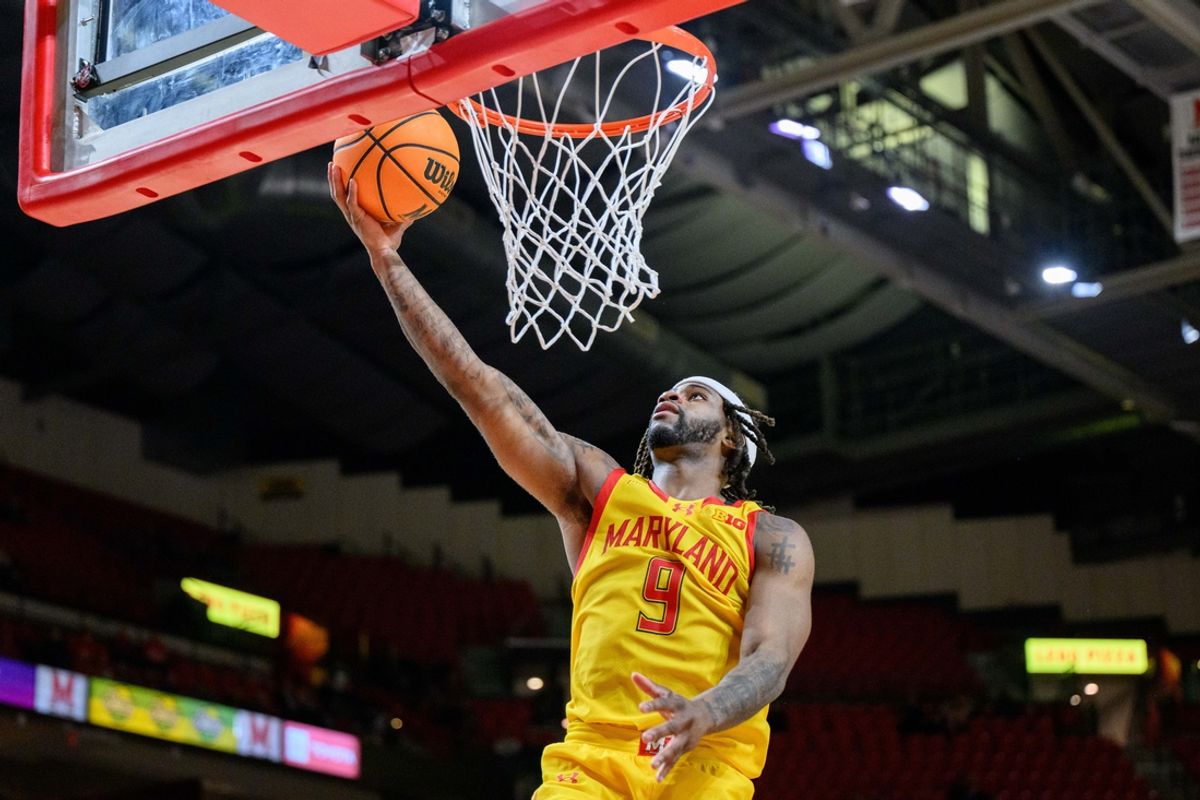 Dec 17, 2024; College Park, Maryland, USA; Maryland Terrapins guard Selton Miguel (9) shoots the ball during the second half against the St. Francis (Pa) Red Flash at Xfinity Center. Mandatory Credit: Reggie Hildred-Imagn Images