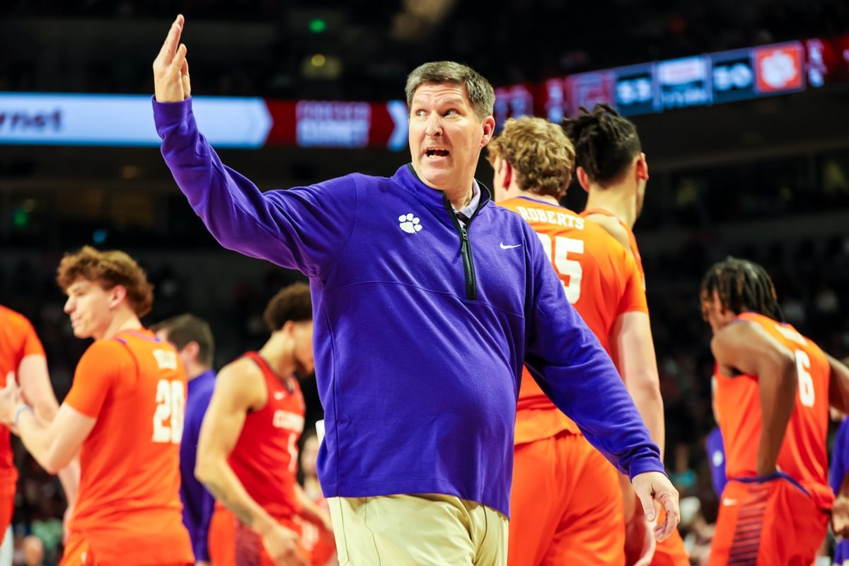 Dec 17, 2024; Columbia, South Carolina, USA; Clemson Tigers head coach Brad Brownell disputes a call against the South Carolina Gamecocks in the second half of South Carolina’s 91-88 overtime win at Colonial Life Arena. Mandatory Credit: Jeff Blake-Imagn Images