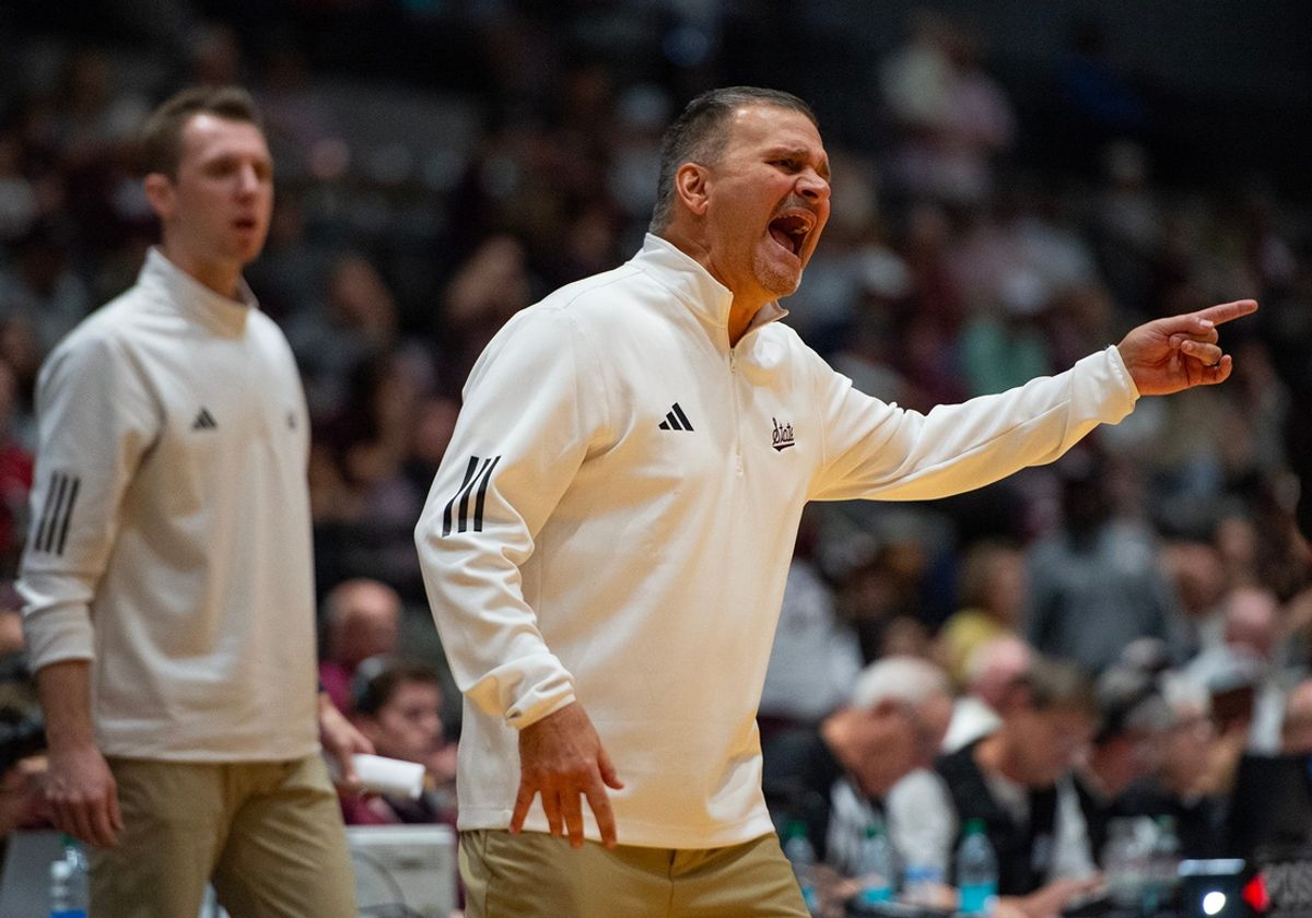 Mississippi State's head coach Chris Jans yells during the game against Central Michigan at the Mississippi Coliseum in Jackson, Miss., on Tuesday, Dec. 17, 2024.