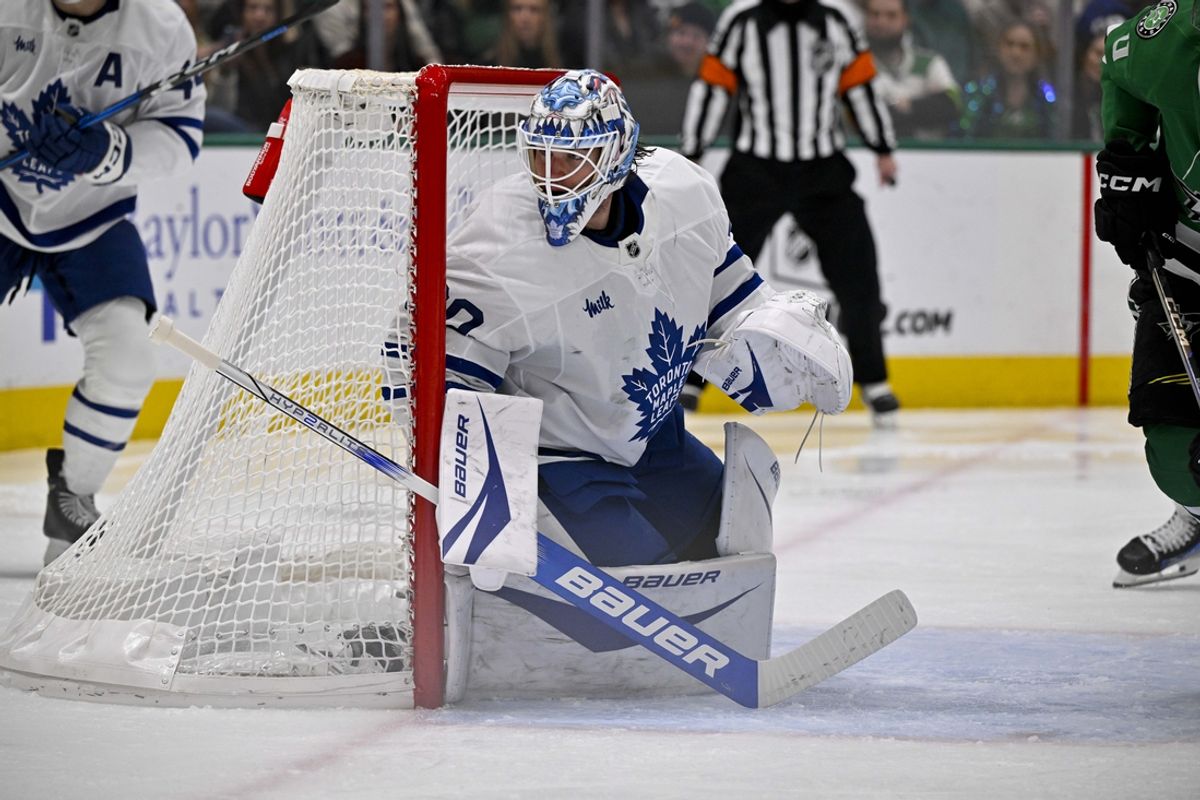 Dec 18, 2024; Dallas, Texas, USA; Toronto Maple Leafs goaltender Joseph Woll (60) faces the Dallas Stars attack during the second period at the American Airlines Center. Mandatory Credit: Jerome Miron-Imagn Images