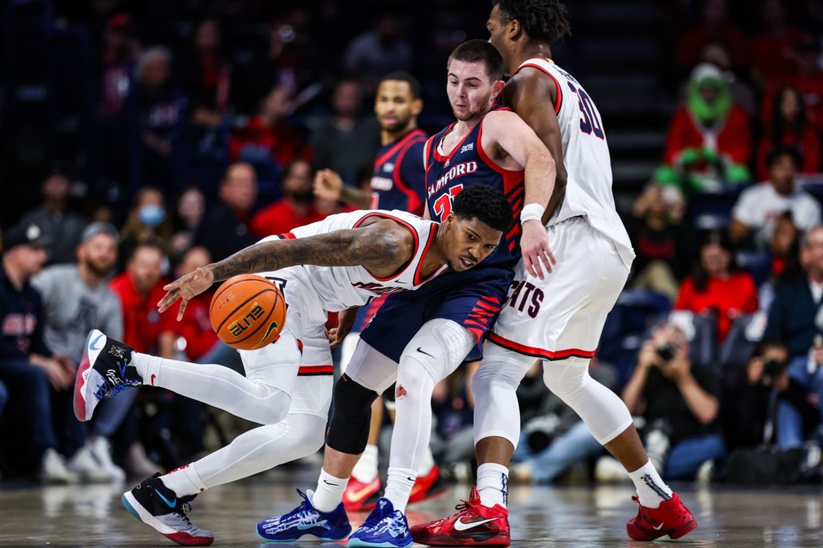 Dec 18, 2024; Tucson, Arizona, USA; Arizona Wildcats guard Caleb Love (1) dribbles the ball during the first half against the Samford Bulldogs at McKale Center. Mandatory Credit: Aryanna Frank-Imagn Images