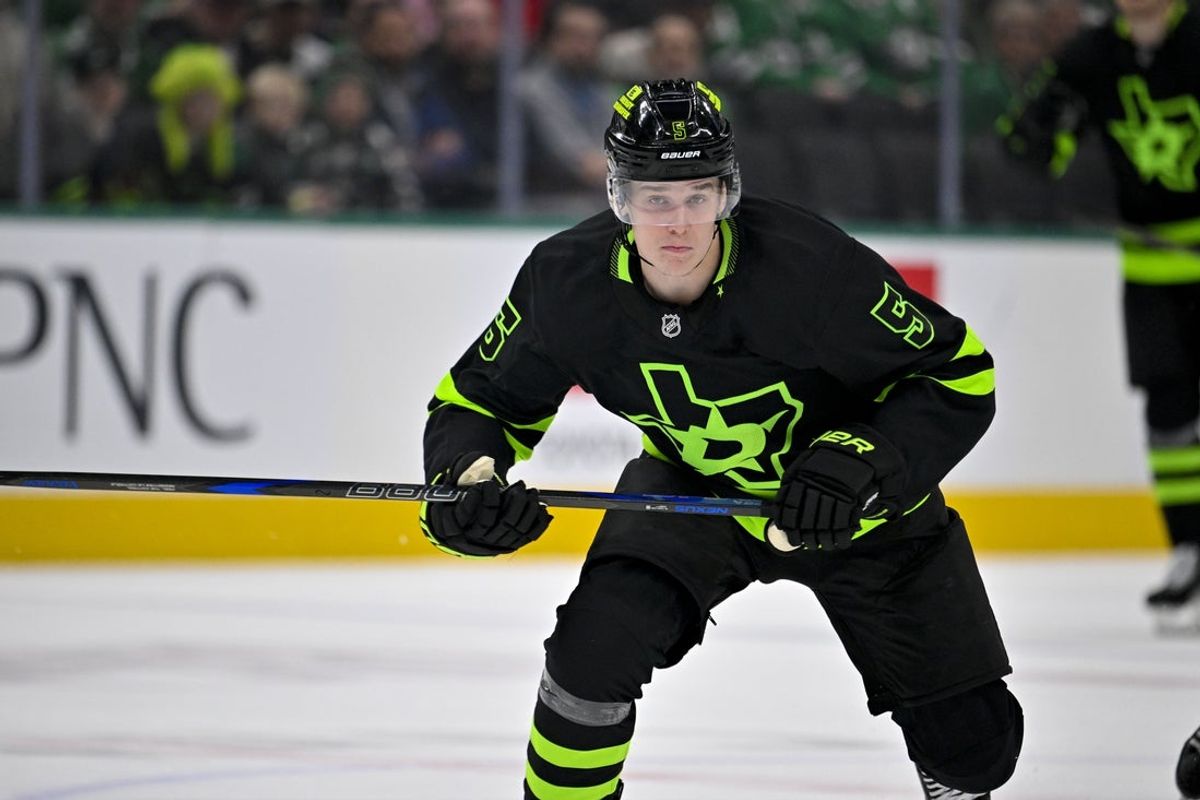 Dec 16, 2024; Dallas, Texas, USA; Dallas Stars defenseman Nils Lundkvist (5) in action during the game between the Dallas Stars and the Washington Capitals at American Airlines Center. Mandatory Credit: Jerome Miron-Imagn Images