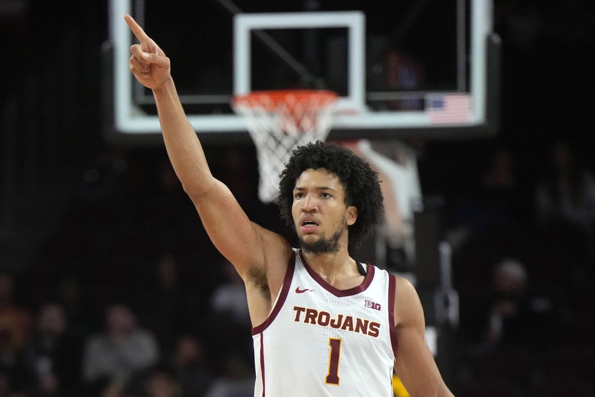 Dec 18, 2024; Los Angeles, California, USA; Southern California Trojans guard Desmond Claude (1) gestures in the second half against the Cal State Northridge Matadors at Galen Center. Mandatory Credit: Kirby Lee-Imagn Images