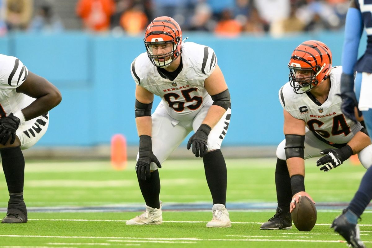 Dec 15, 2024; Nashville, Tennessee, USA;  Cincinnati Bengals guard Alex Cappa (65) in his stance against the Tennessee Titans during the first half at Nissan Stadium. Mandatory Credit: Steve Roberts-Imagn Images
