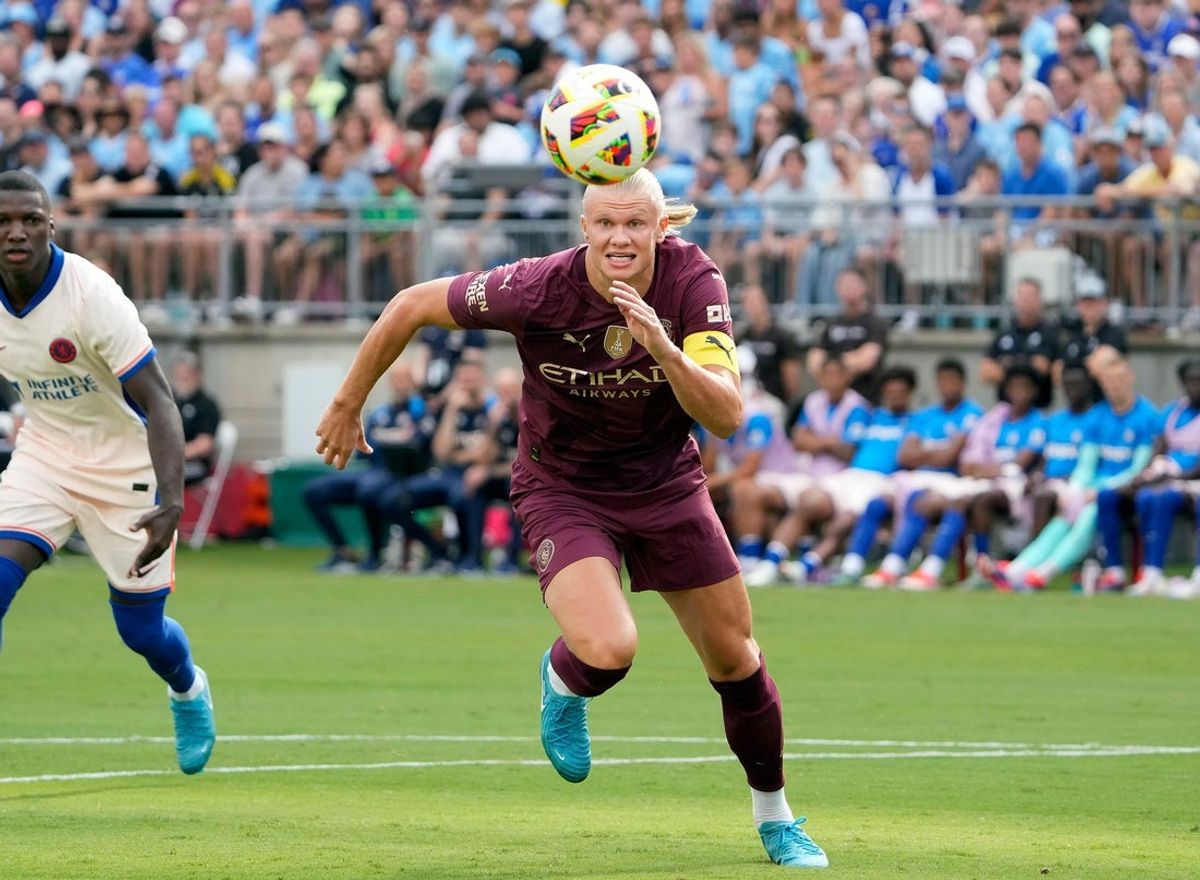 Manchester City forward Erling Haaland (9) chases down a ball against Chelsea during the first half of their FC Series game at Ohio Stadium.