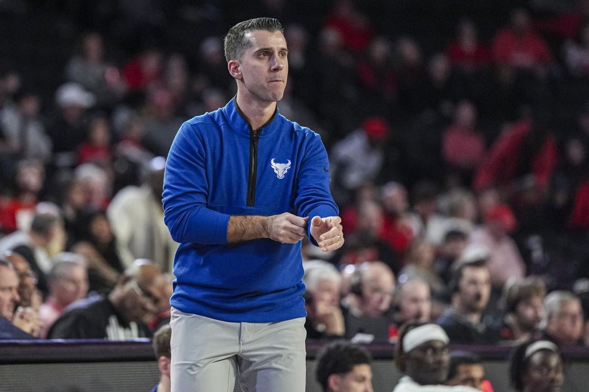 Dec 19, 2024; Athens, Georgia, USA; Buffalo Bulls head coach George Halcovage III shown during the game against the Georgia Bulldogs at Stegeman Coliseum. Mandatory Credit: Dale Zanine-Imagn Images