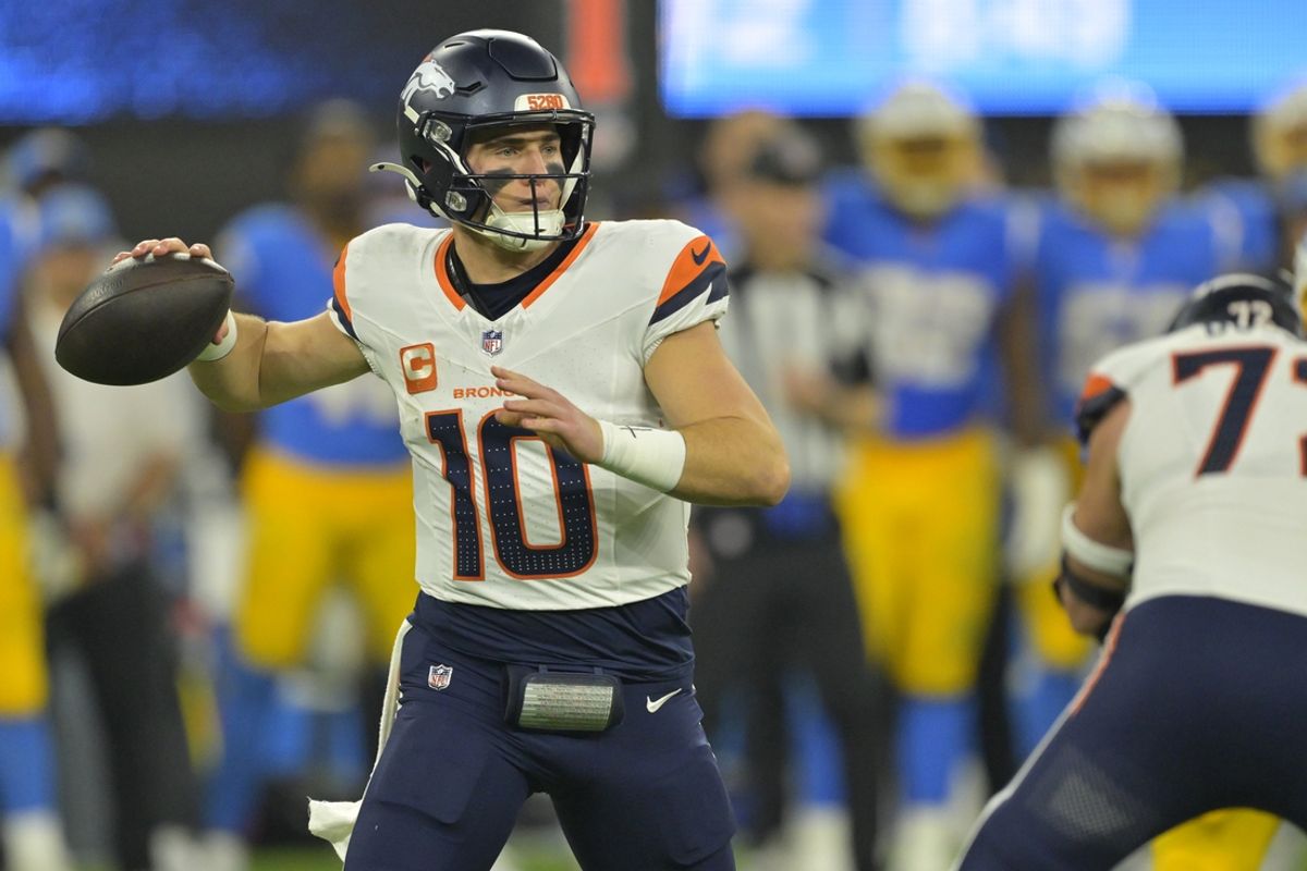 Dec 19, 2024; Inglewood, California, USA;  Denver Broncos quarterback Bo Nix (10) throws a pass in the first half against the Los Angeles Chargers at SoFi Stadium. Mandatory Credit: Jayne Kamin-Oncea-Imagn Images