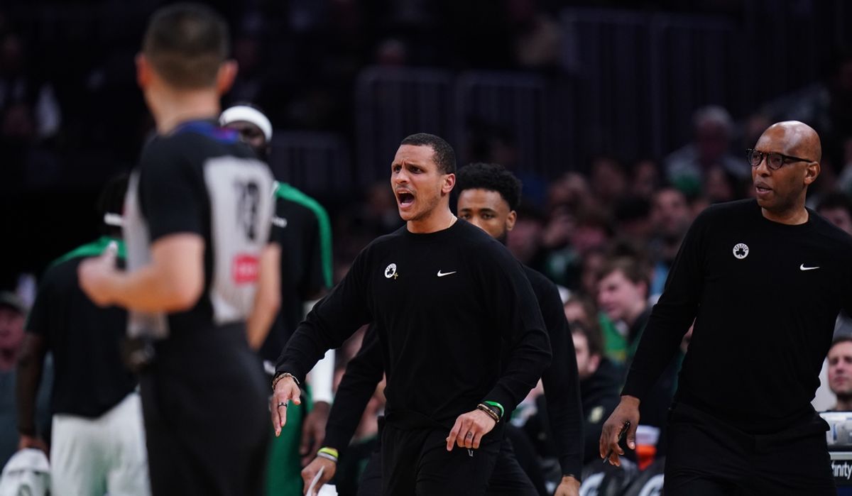 Dec 19, 2024; Boston, Massachusetts, USA; Boston Celtics head coach Joe Mazzulla reacts after called for a technical foul as they take on the Chicago Bulls in the second half at TD Garden. Mandatory Credit: David Butler II-Imagn Images