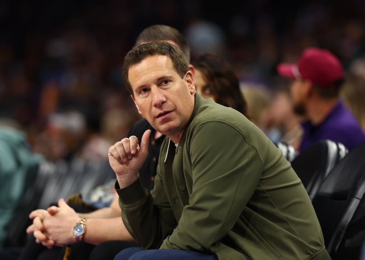 Dec 19, 2024; Phoenix, Arizona, USA; Phoenix Suns owner Mat Ishbia sits courtside against the Indiana Pacers at Footprint Center. Mandatory Credit: Mark J. Rebilas-Imagn Images