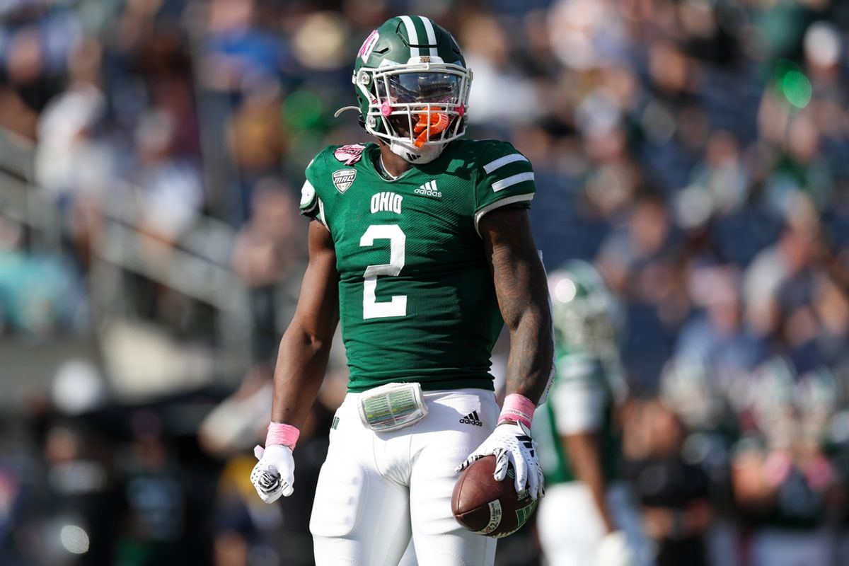 Dec 20, 2024; Orlando, FL, USA; Ohio Bobcats running back Anthony Tyus III (2) reacts after a play against the Jacksonville State Gamecocks in the second quarter at Camping World Stadium. Mandatory Credit: Nathan Ray Seebeck-Imagn Images