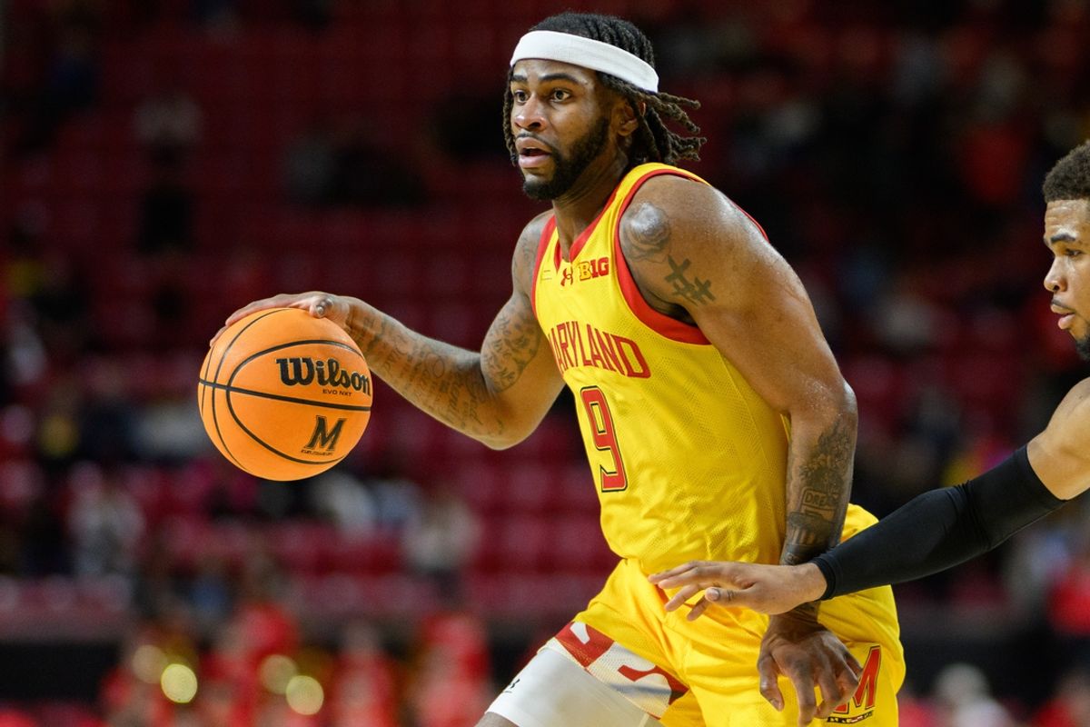 Dec 17, 2024; College Park, Maryland, USA; Maryland Terrapins guard Selton Miguel (9) handles the ball during the second half against the St. Francis (Pa) Red Flash at Xfinity Center. Mandatory Credit: Reggie Hildred-Imagn Images