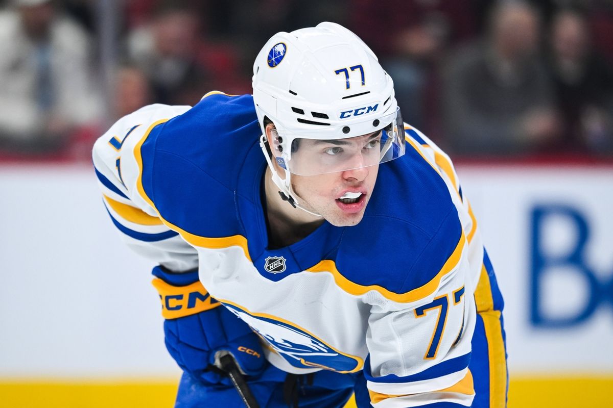 Dec 17, 2024; Montreal, Quebec, CAN; Buffalo Sabres right wing JJ Peterka (77) waits for a face-off against the Montreal Canadiens during the second period at Bell Centre. Mandatory Credit: David Kirouac-Imagn Images