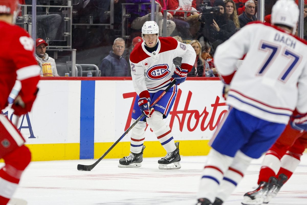 Dec 20, 2024; Detroit, Michigan, USA; Montreal Canadiens right wing Patrik Laine (92) handles the puck during the first period against the Detroit Red Wings at Little Caesars Arena. Mandatory Credit: Brian Bradshaw Sevald-Imagn Images