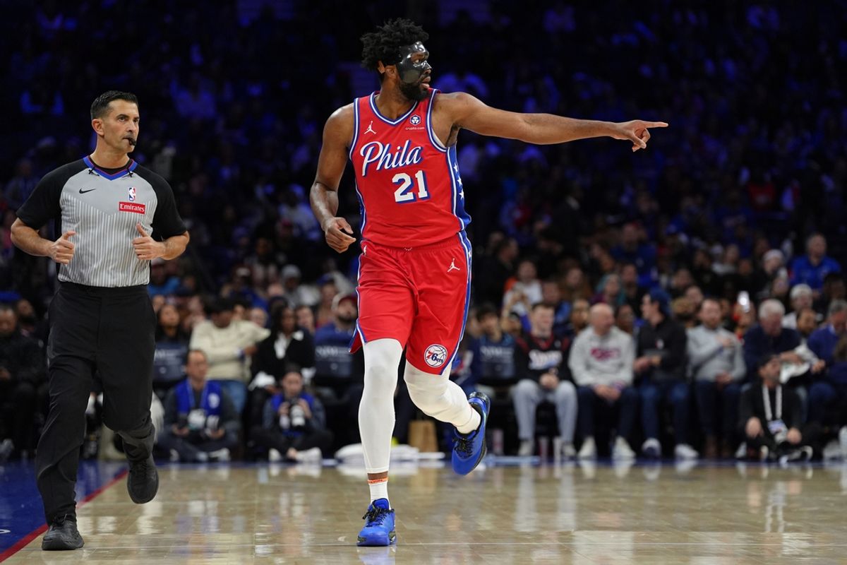 Dec 20, 2024; Philadelphia, Pennsylvania, USA; Philadelphia 76ers center Joel Embiid (21) reacts against the Charlotte Hornets in the fourth quarter at Wells Fargo Center. Mandatory Credit: Kyle Ross-Imagn Images