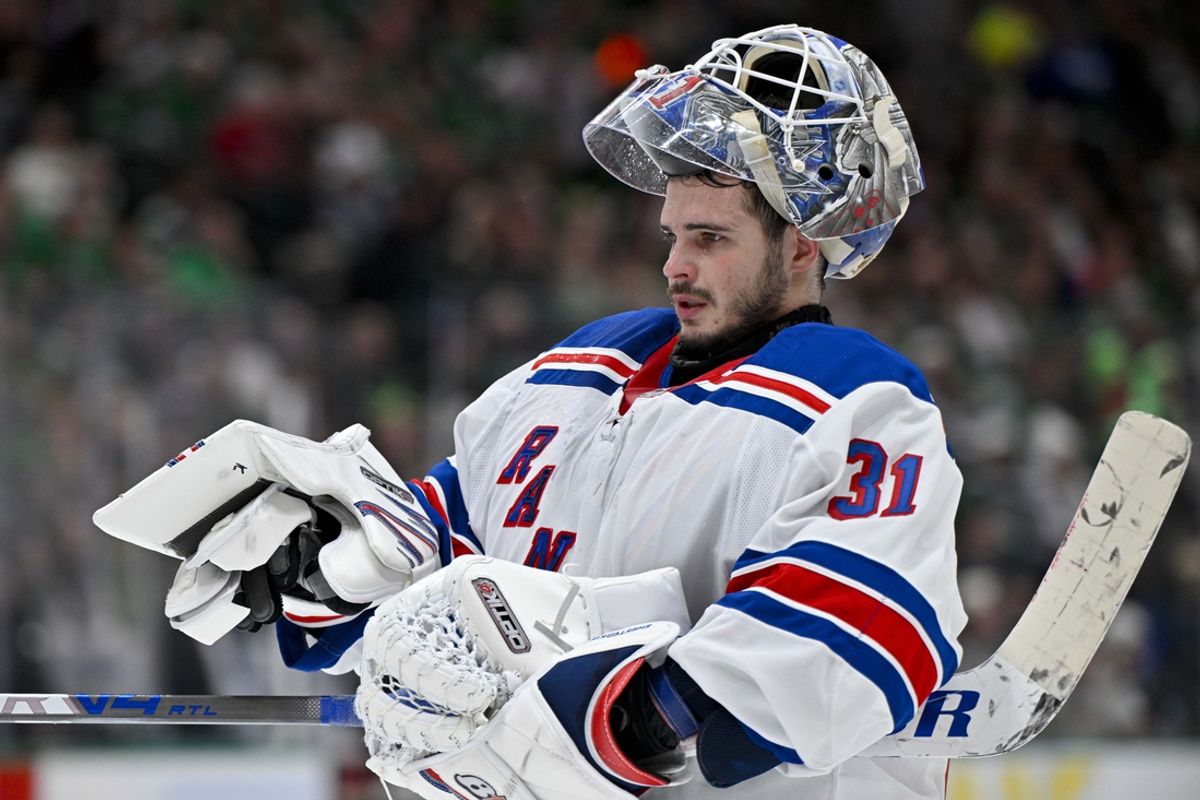 Dec 20, 2024; Dallas, Texas, USA; New York Rangers goaltender Igor Shesterkin (31) skates back to the crease during the second period against the Dallas Stars at the American Airlines Center. Mandatory Credit: Jerome Miron-Imagn Images