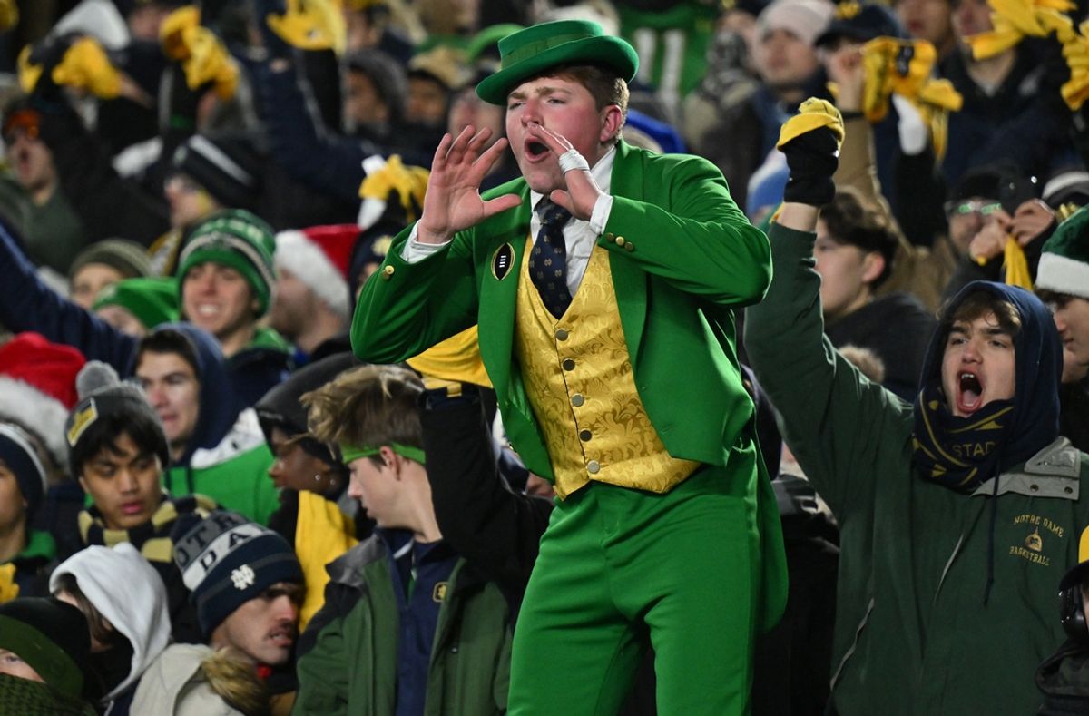Dec 20, 2024; Notre Dame, Indiana, USA; The mascot for the Notre Dame Fighting Irish during the third quarter against the Indiana Hoosiers at Notre Dame Stadium. Mandatory Credit: Matt Cashore-Imagn Images
