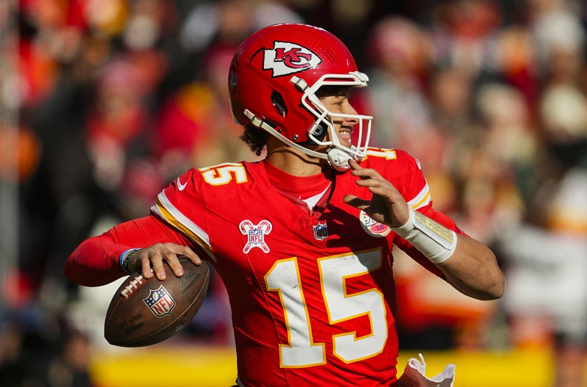 Kansas City Chiefs quarterback Patrick Mahomes (15) throws a pass during the first half against the Houston Texans at GEHA Field at Arrowhead Stadium. Mandatory Credit: Jay Biggerstaff-Imagn Images