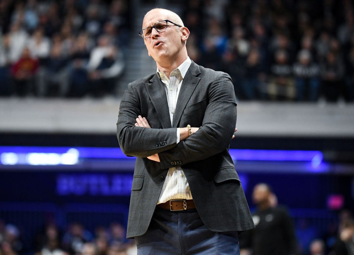 Dec 21, 2024; Indianapolis, Indiana, USA; Connecticut Huskies head coach Dan Hurley reacts to a play during the first half against the Butler Bulldogs at Hinkle Fieldhouse. Mandatory Credit: Robert Goddin-Imagn Images
