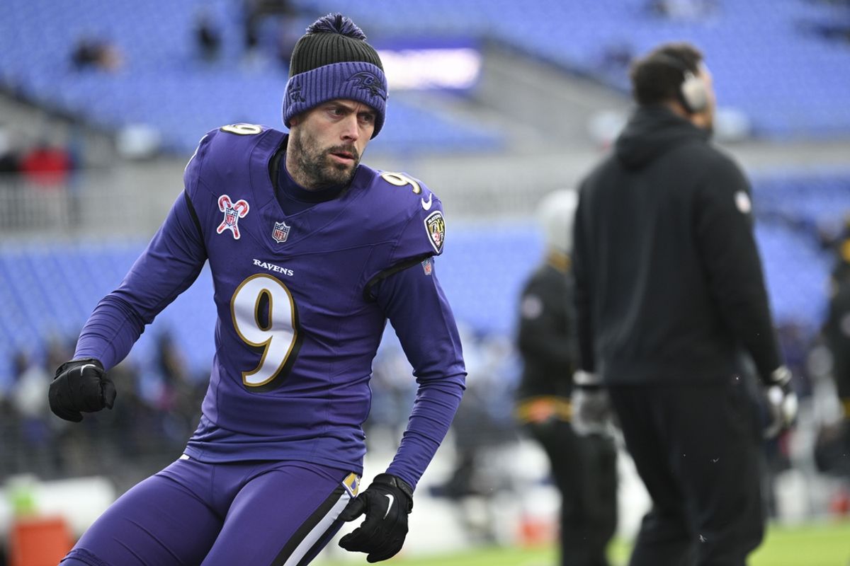 Dec 21, 2024; Baltimore, Maryland, USA;  Baltimore Ravens place kicker Justin Tucker (9) warms up in the end zone before the game against the Pittsburgh Steelers at M&T Bank Stadium. Mandatory Credit: Tommy Gilligan-Imagn Images