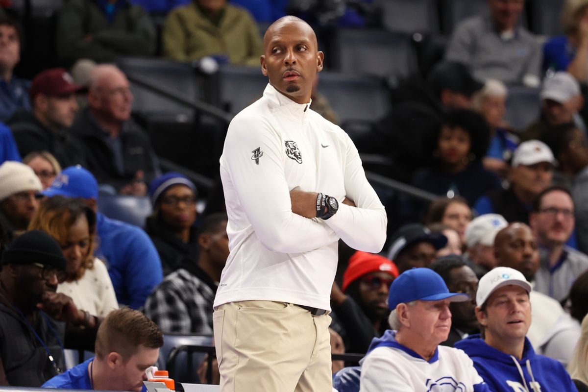 Dec 21, 2024; Memphis, Tennessee, USA; Penny Hardaway head coach of the Memphis Tigers looks on against the Mississippi State Bulldogs during the second half at FedExForum. Mandatory Credit: Wesley Hale-Imagn Images