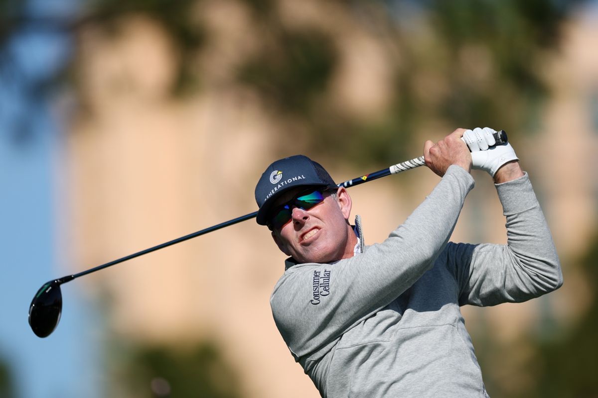 Dec 21, 2024; Orlando, Florida, [USA]; Justin Leonard hits a tees shot on the fifth hole during the PNC Championship at The Ritz-Carlton Golf Club. Mandatory Credit: Nathan Ray Seebeck-Imagn Images