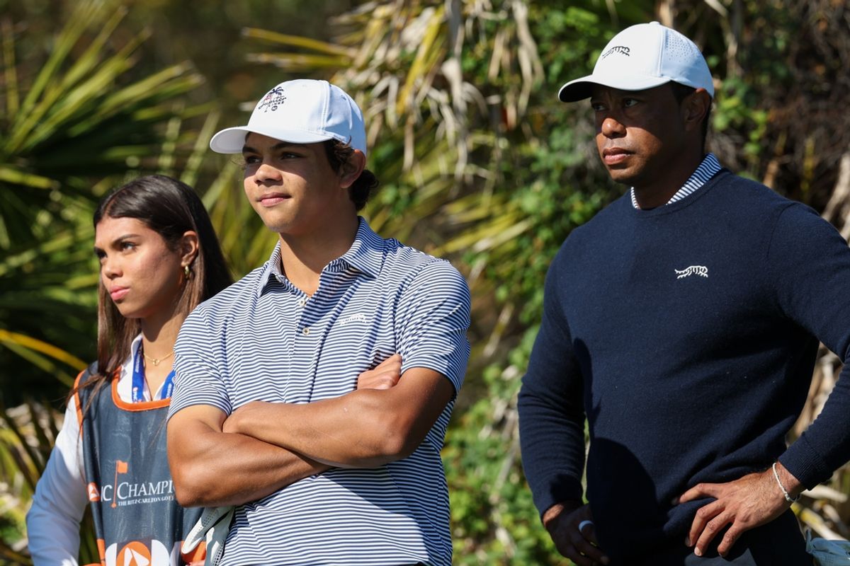 Dec 21, 2024; Orlando, Florida, [USA]; Tiger Woods son Charlie Woods and daughter Sam Woods during the PNC Championship at The Ritz-Carlton Golf Club. Mandatory Credit: Nathan Ray Seebeck-Imagn Images
