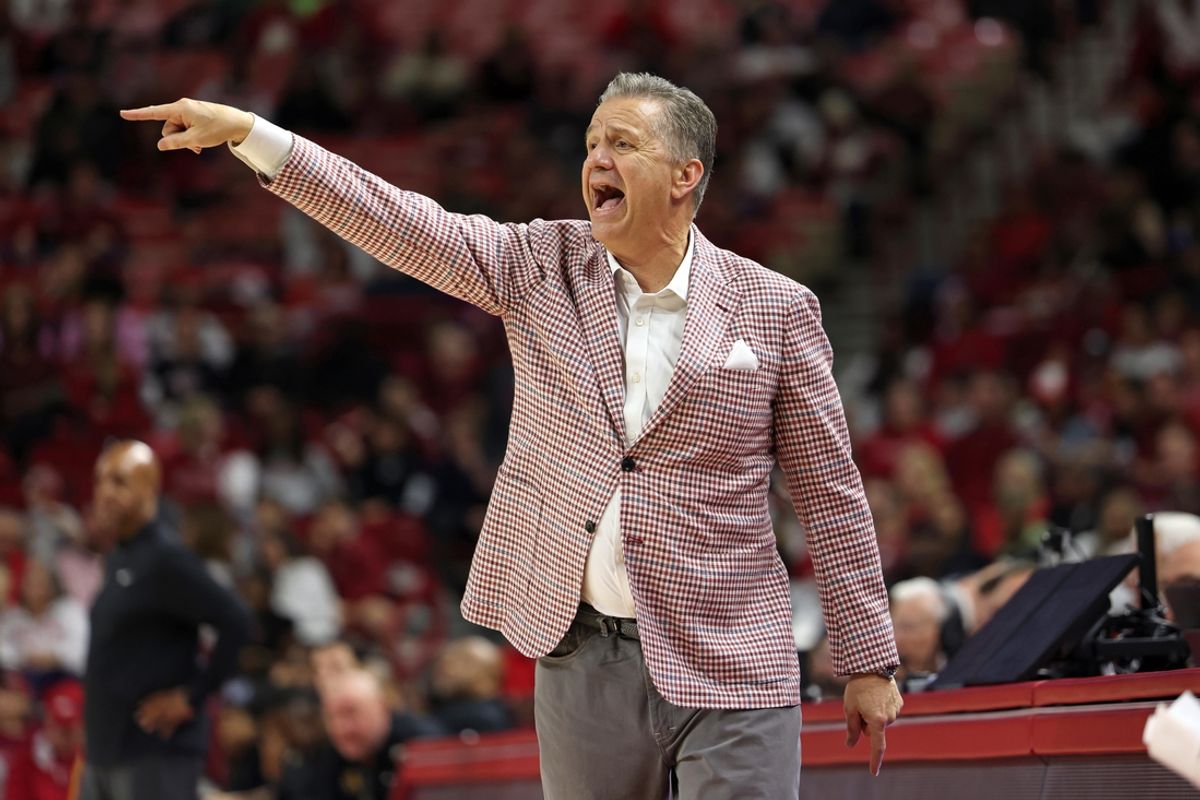 Dec 21, 2024; Fayetteville, Arkansas, USA; Arkansas Razorbacks head coach John Calipari during the second half against the North Carolina A&T Aggies at Bud Walton Arena. Mandatory Credit: Nelson Chenault-Imagn Images