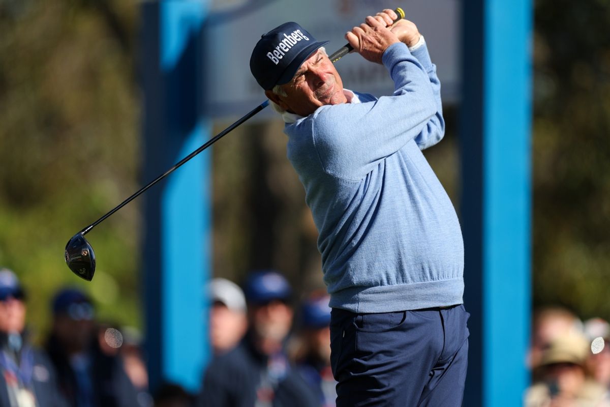Dec 21, 2024; Orlando, Florida, [USA]; Fred Couples tees off during the PNC Championship at The Ritz-Carlton Golf Club. Mandatory Credit: Nathan Ray Seebeck-Imagn Images
