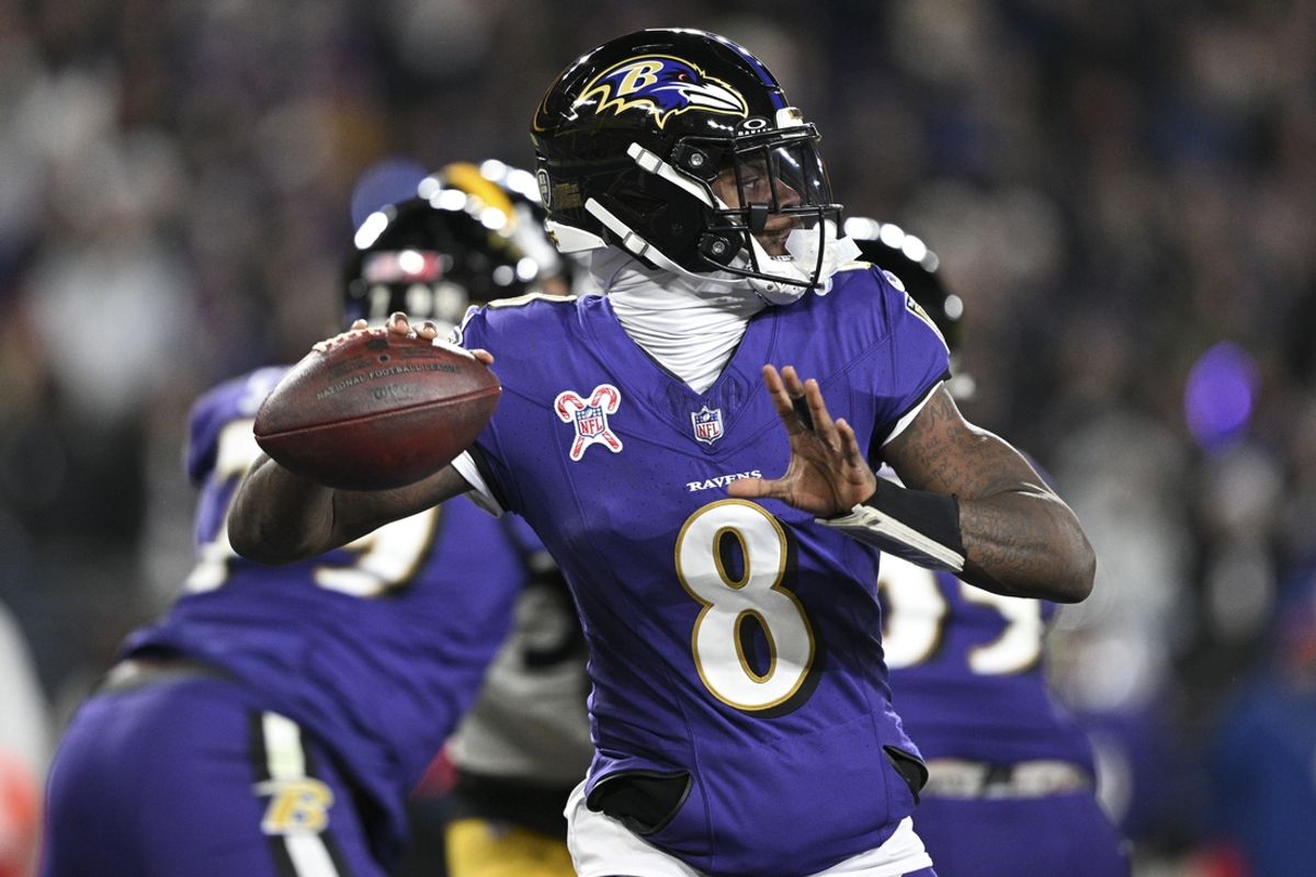 Dec 21, 2024; Baltimore, Maryland, USA;  Baltimore Ravens quarterback Lamar Jackson (8) throws from the pocket during the first half against the Pittsburgh Steelers at M&T Bank Stadium. Mandatory Credit: Tommy Gilligan-Imagn Images