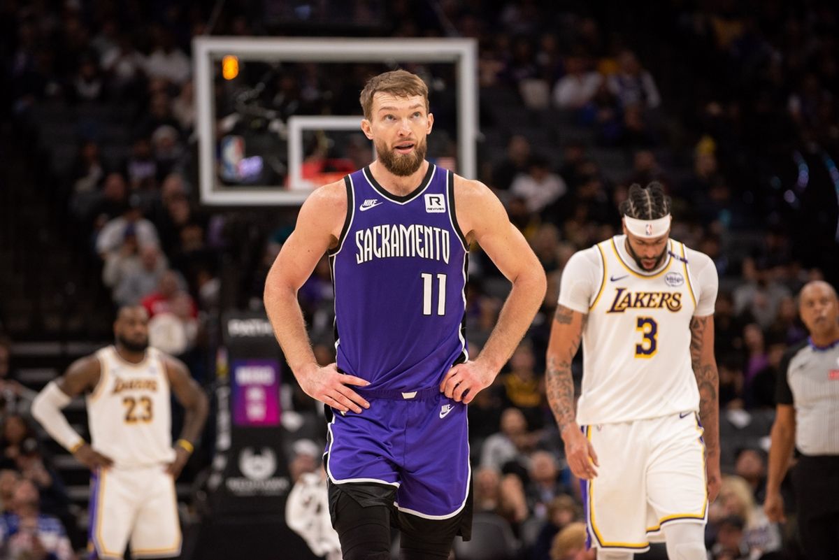 Dec 21, 2024; Sacramento, California, USA; Sacramento Kings forward Domantas Sabonis (11) looks on after being called for a foul during the third quarter at Golden 1 Center. Mandatory Credit: Ed Szczepanski-Imagn Images