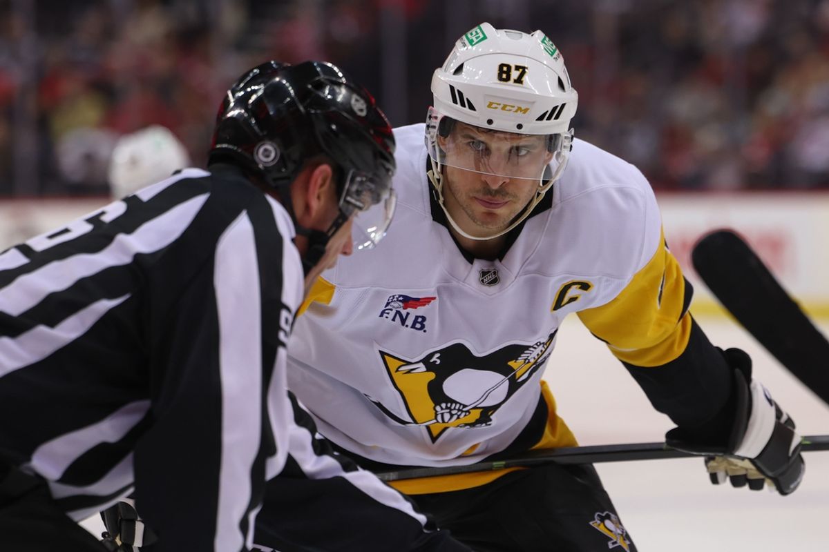 Dec 21, 2024; Newark, New Jersey, USA; Pittsburgh Penguins center Sidney Crosby (87) waits to face-off against the New Jersey Devils during the third period at Prudential Center. Mandatory Credit: Ed Mulholland-Imagn Images