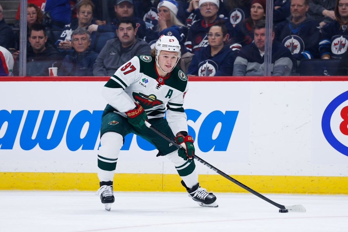 Dec 21, 2024; Winnipeg, Manitoba, CAN;   Minnesota Wild forward Kirill Kaprizov (97) skates towards the Winnipeg Jets net during the third period at Canada Life Centre. Mandatory Credit: Terrence Lee-Imagn Images