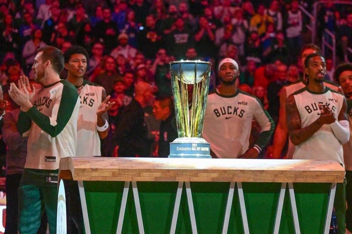 Dec 21, 2024; Milwaukee, Wisconsin, USA;  The Milwaukee Bucks display the NBA Cup before a game against the Washington Wizards at Fiserv Forum. Mandatory Credit: Benny Sieu-Imagn Images