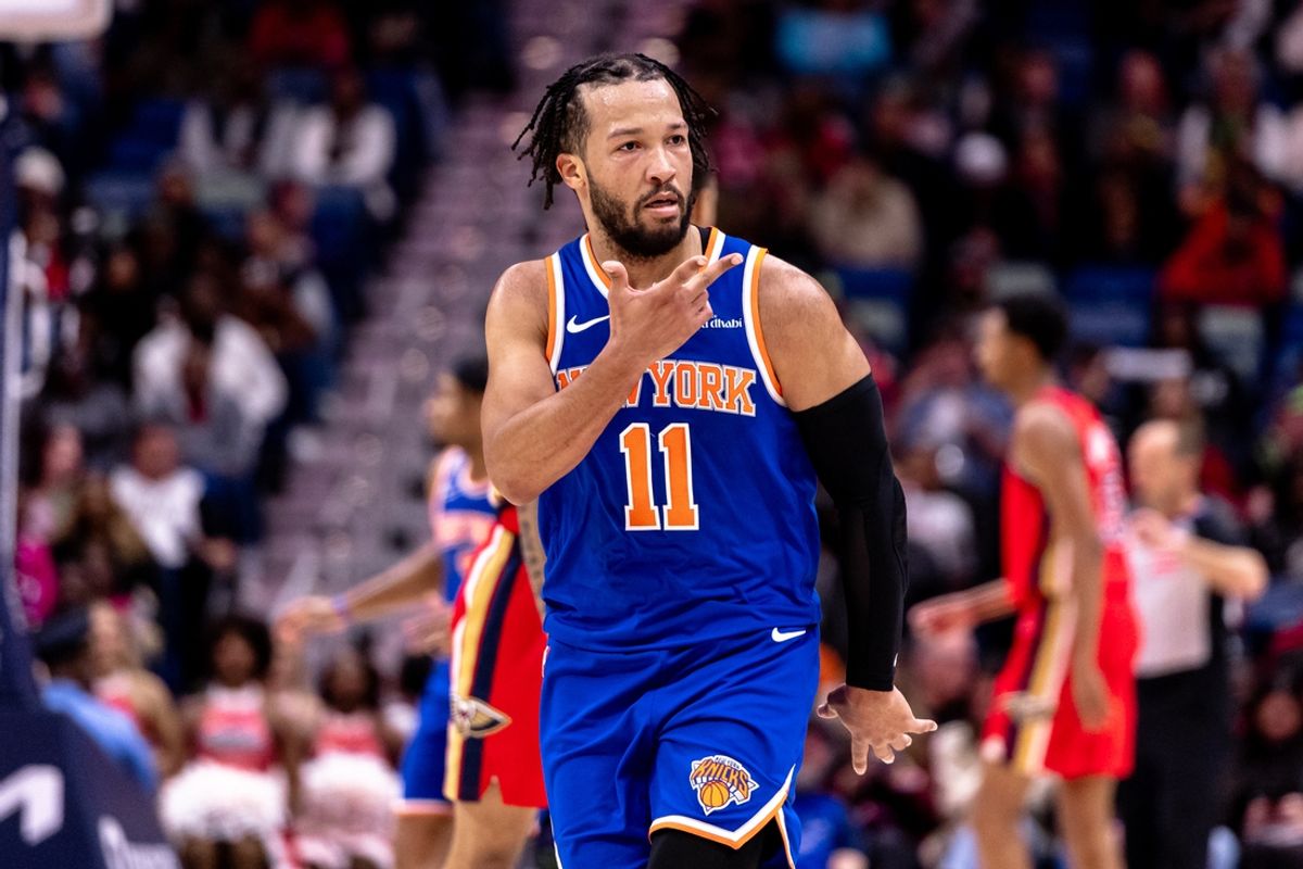 Dec 21, 2024; New Orleans, Louisiana, USA;  New York Knicks guard Jalen Brunson (11) looks to his bench after making a three point basket against the New Orleans Pelicans during the second half at Smoothie King Center. Mandatory Credit: Stephen Lew-Imagn Images