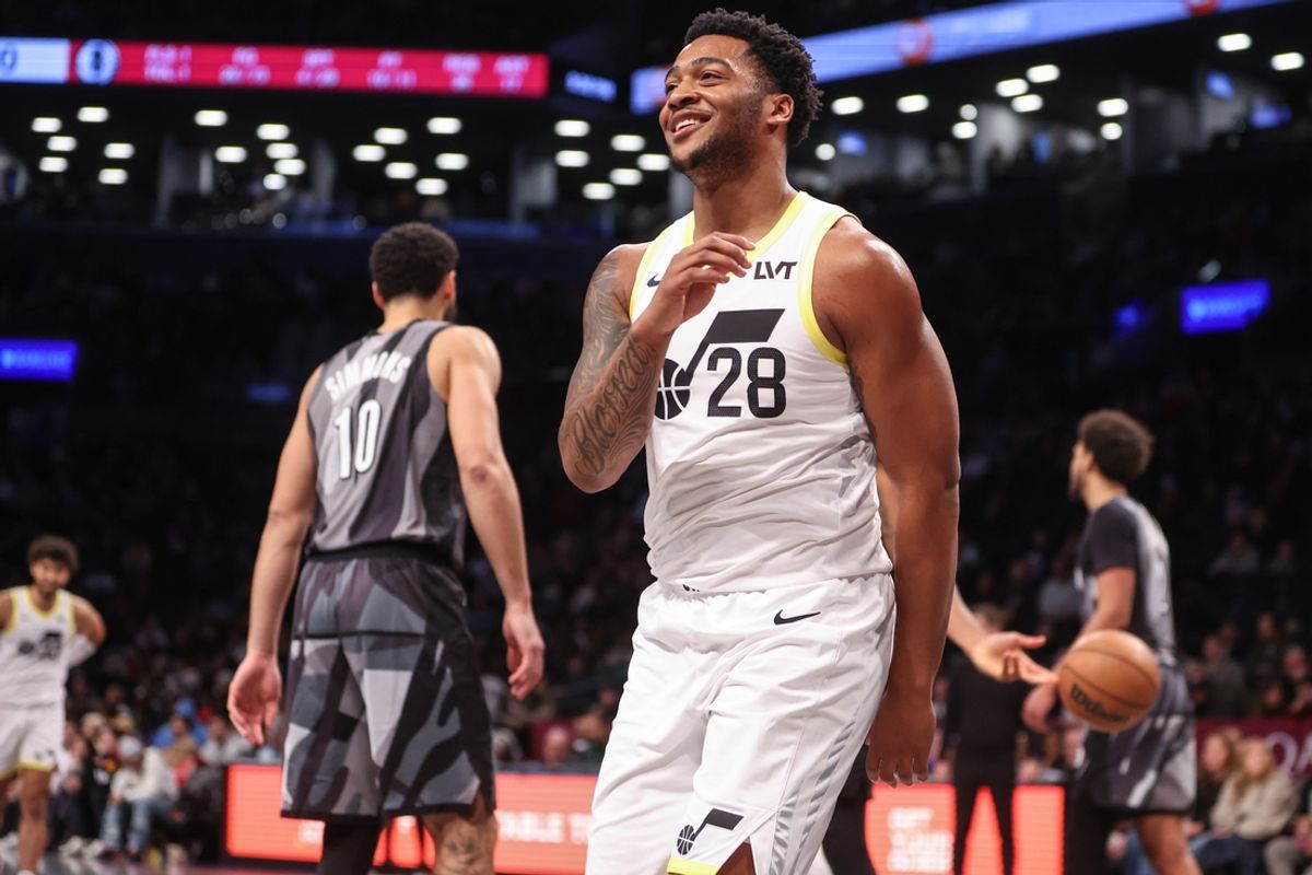 Dec 21, 2024; Brooklyn, New York, USA;  Utah Jazz forward Brice Sensabaugh (28) celebrates in the fourth quarter against the Brooklyn Nets at Barclays Center. Mandatory Credit: Wendell Cruz-Imagn Images