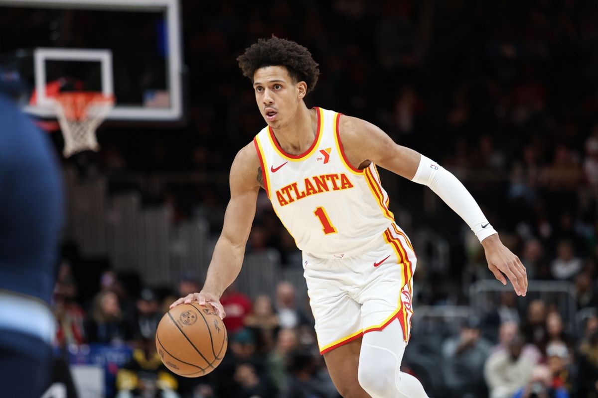 Dec 21, 2024; Atlanta, Georgia, USA; Atlanta Hawks forward Jalen Johnson (1) dribbles the ball in the game against the Memphis Grizzlies during the first half at State Farm Arena. Mandatory Credit: Jordan Godfree-Imagn Images