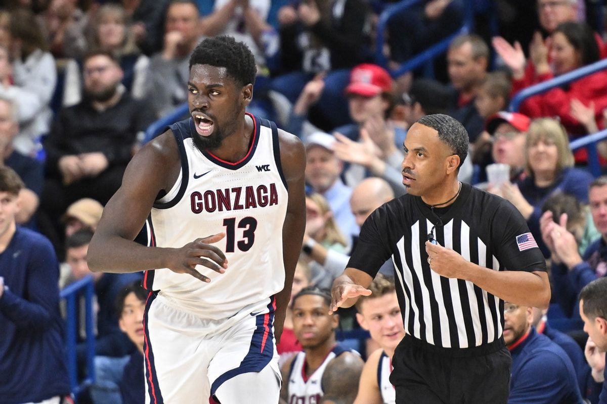Dec 18, 2024; Spokane, Washington, USA; Gonzaga Bulldogs forward Graham Ike (13) reacts after a basket against the Bucknell Bison in the second half at McCarthey Athletic Center. Gonzaga Bulldogs won 86-65. Mandatory Credit: James Snook-Imagn Images